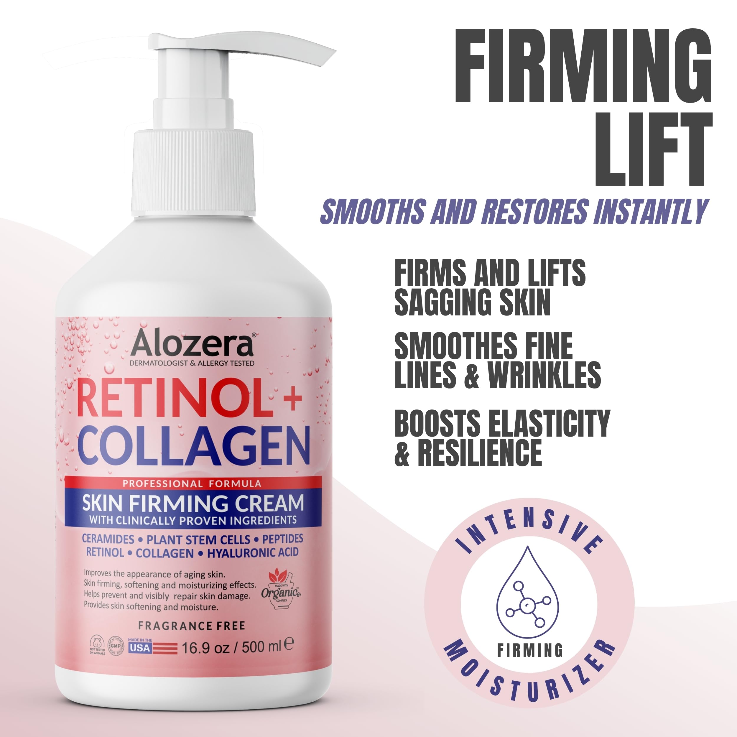 Alozera Skin Firming Retinol Collagen Body Lotion with Stem Cells – Fragrance-Free, Non-Greasy 16.9 oz