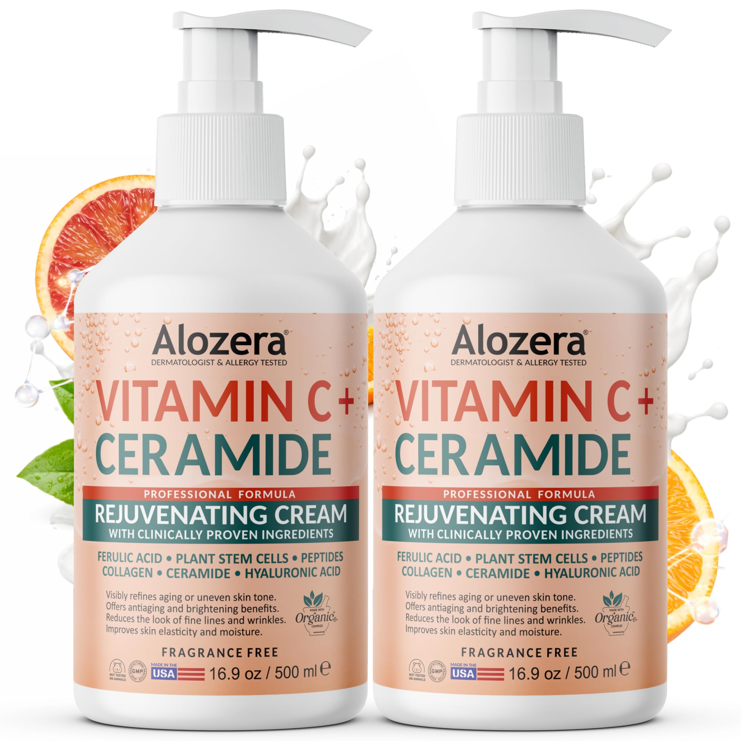 Alozera Vitamin C Body Lotion with Ceramides & Stem Cells — Fragrance-Free, 2×16.9 oz
