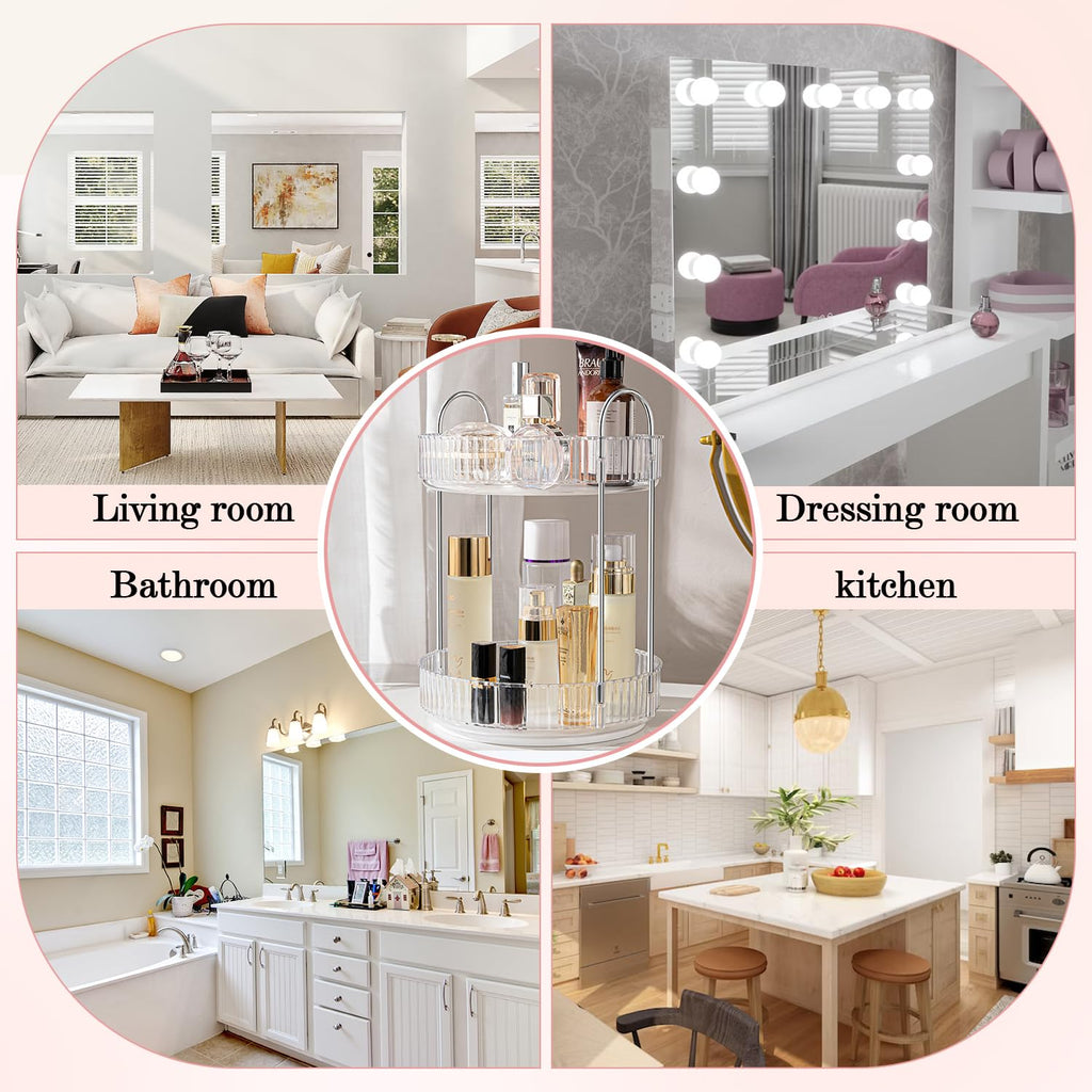 ALUYUYO Rotating Makeup Organizer — 360° Spinner, 2-Tier Transparent Vanity Storage