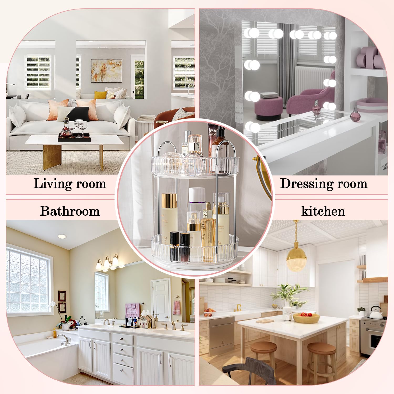 ALUYUYO Rotating Makeup Organizer — 360° Spinner, 2-Tier Transparent Vanity Storage