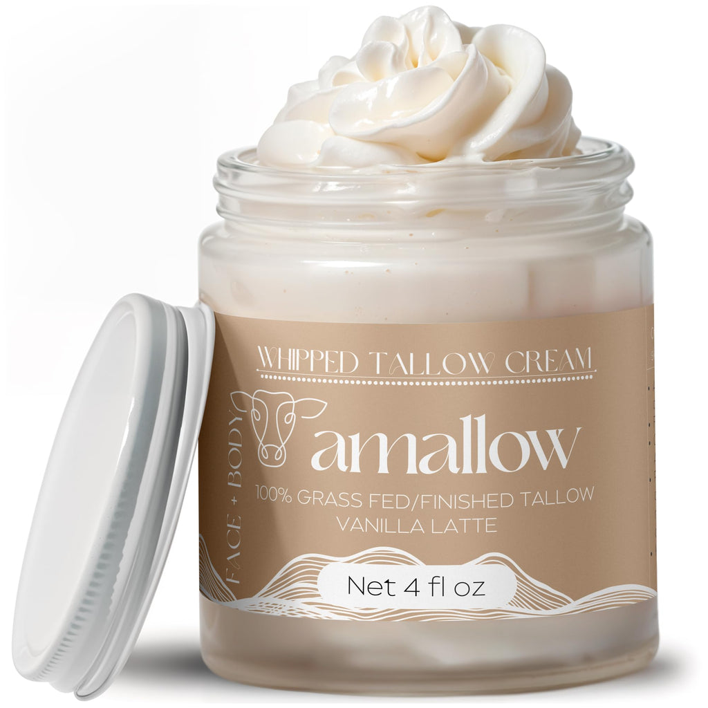 Amallow 100% Grass-Fed Beef Tallow Moisturizer – Vanilla Latte, Whipped Face & Body Lotion, 4 oz