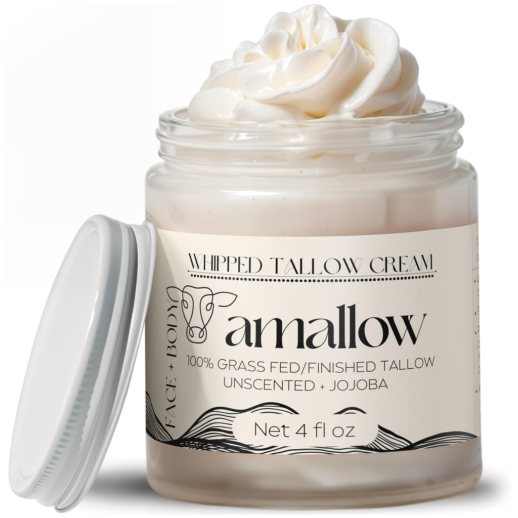 Amallow 100% Grass-Fed Beef Tallow Whipped Moisturizer – Unscented with Jojoba Oil (4 fl oz)