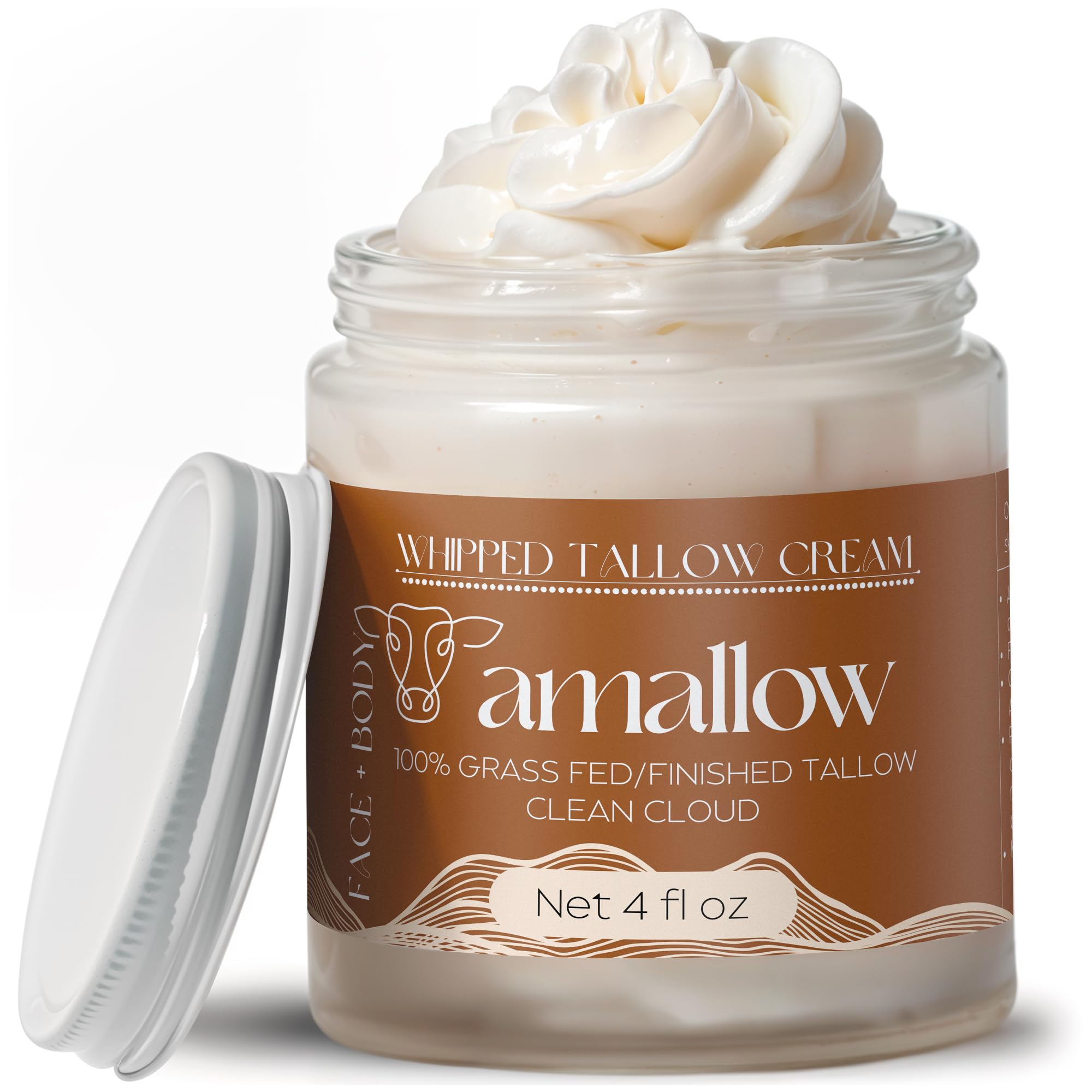 Amallow 100% Grass-Fed Beef Tallow Whipped Moisturizer – Face & Body, 4 fl oz