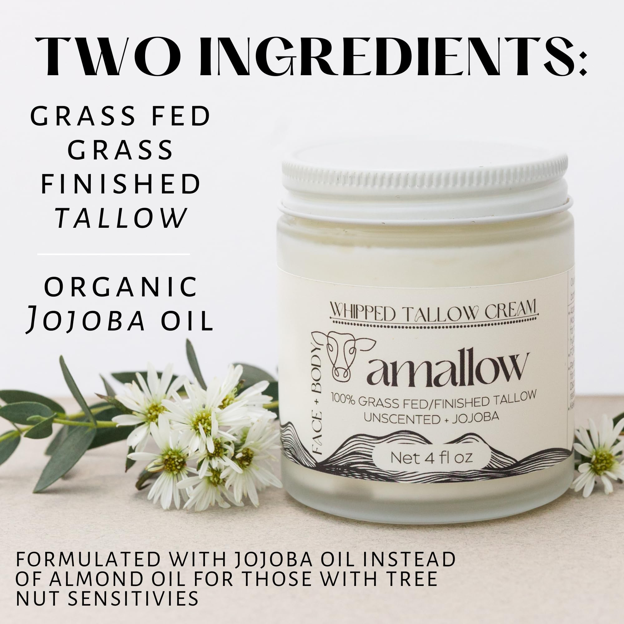 Amallow 100% Grass-Fed Beef Tallow Whipped Moisturizer – Unscented with Jojoba Oil (4 fl oz)
