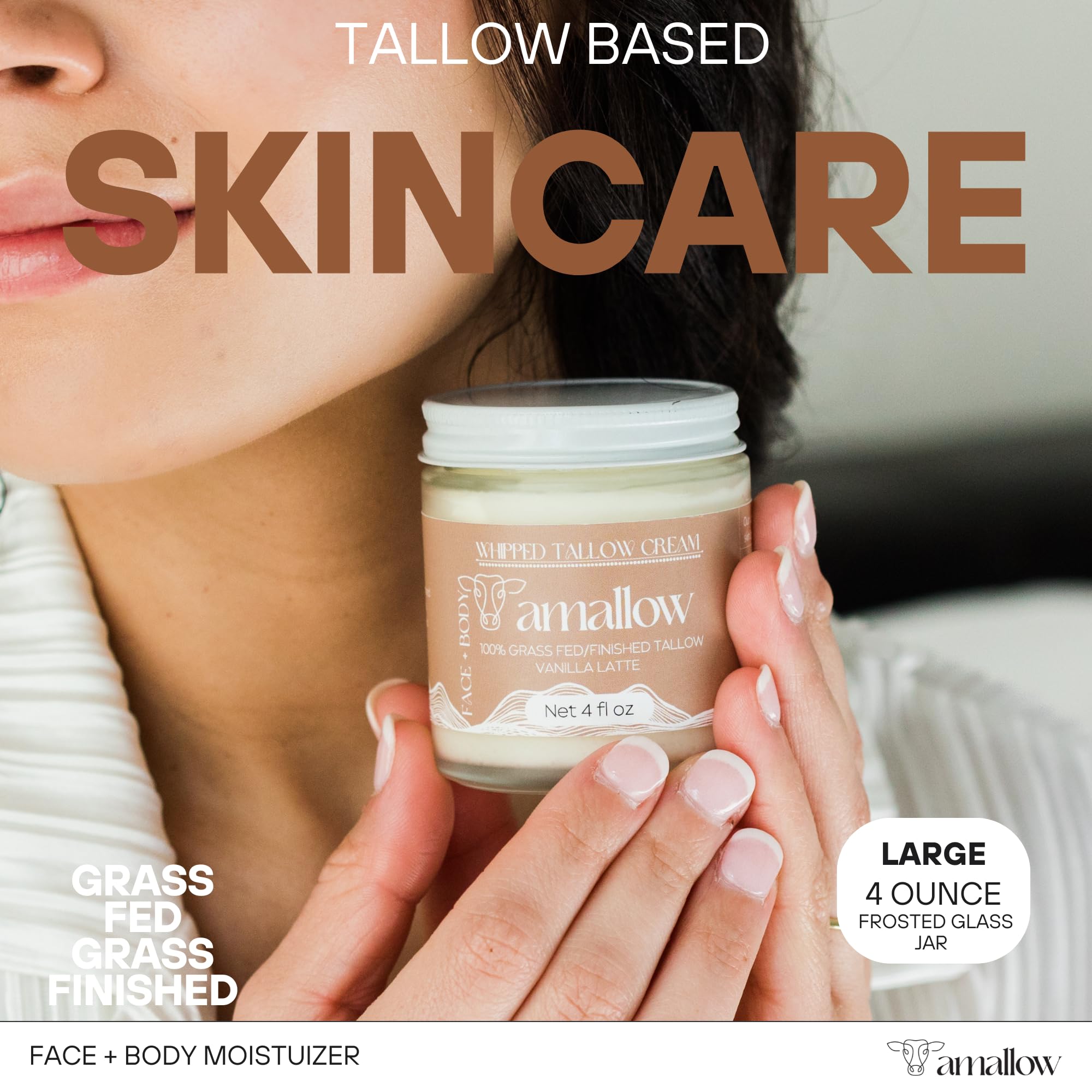 Amallow 100% Grass-Fed Beef Tallow Moisturizer – Vanilla Latte, Whipped Face & Body Lotion, 4 oz