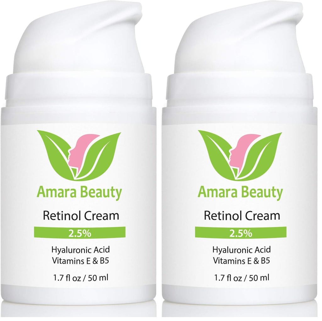 Amara Beauty Retinol Cream 2.5% with Hyaluronic Acid & Vitamins E & B5 – 1.7 oz Each (Pack of 2)