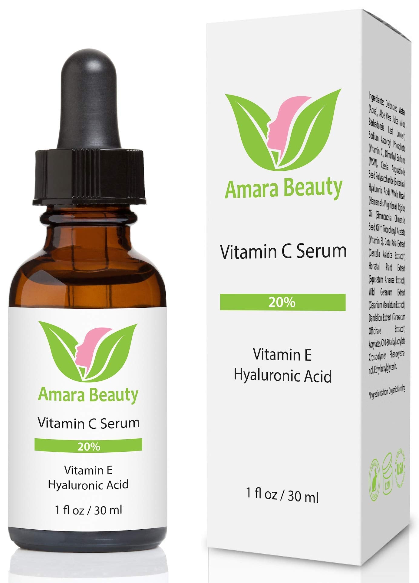Amara Beauty Vitamin C Serum 20% with Hyaluronic Acid & Vitamin E – Pack of 2