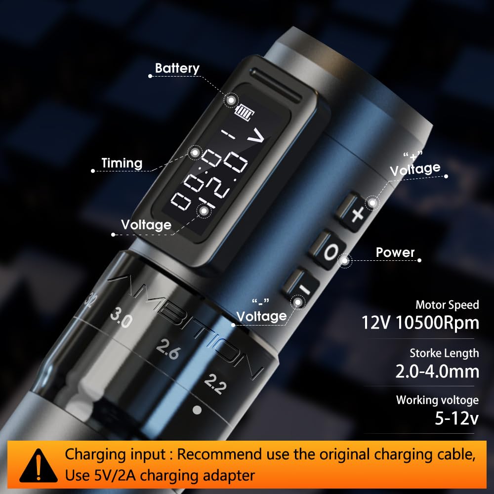 Ambition Mars-U Wireless Tattoo Kit | Adjustable Stroke 6-Position, 1800mAh Battery, 40 Cartridges