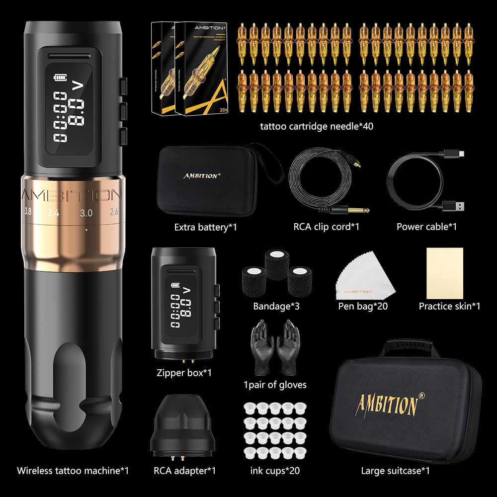 Ambition Mars-U Wireless Tattoo Machine Kit — Adjustable Stroke, 1800mAh Battery, 40 Cartridges