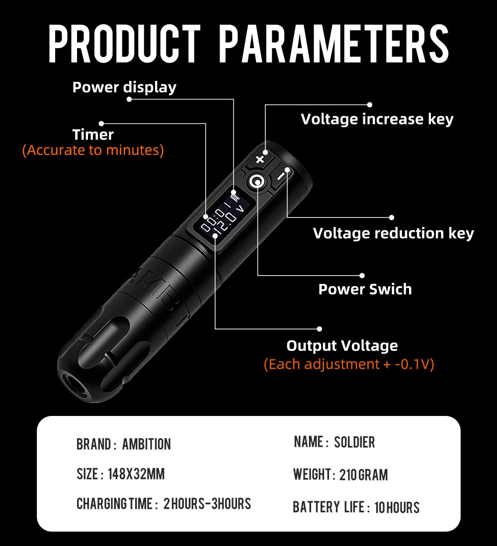 Ambition Soldier Rotary Battery Pen Tattoo Machine | 2400mAh Wireless Power & Coreless Motor