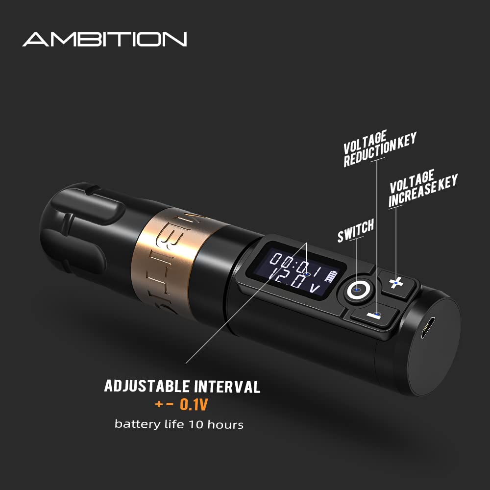 Ambition Soldier Rotary Battery Pen Tattoo Machine with 2400mAh Power, Japan Coreless Motor, Digital LED Display