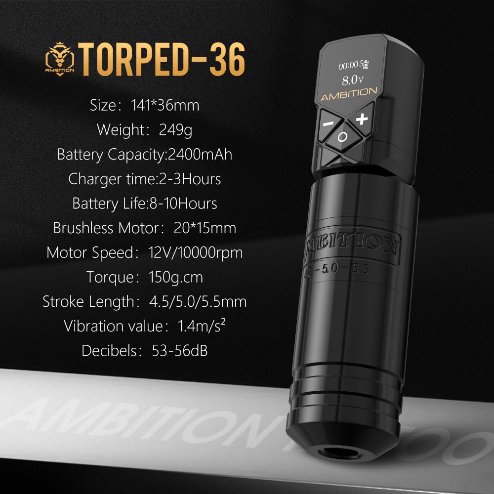 Ambition Torped 36mm Rotary Tattoo Pen Kit | Brushless Motor, 5.5mm Stroke + Wireless Power