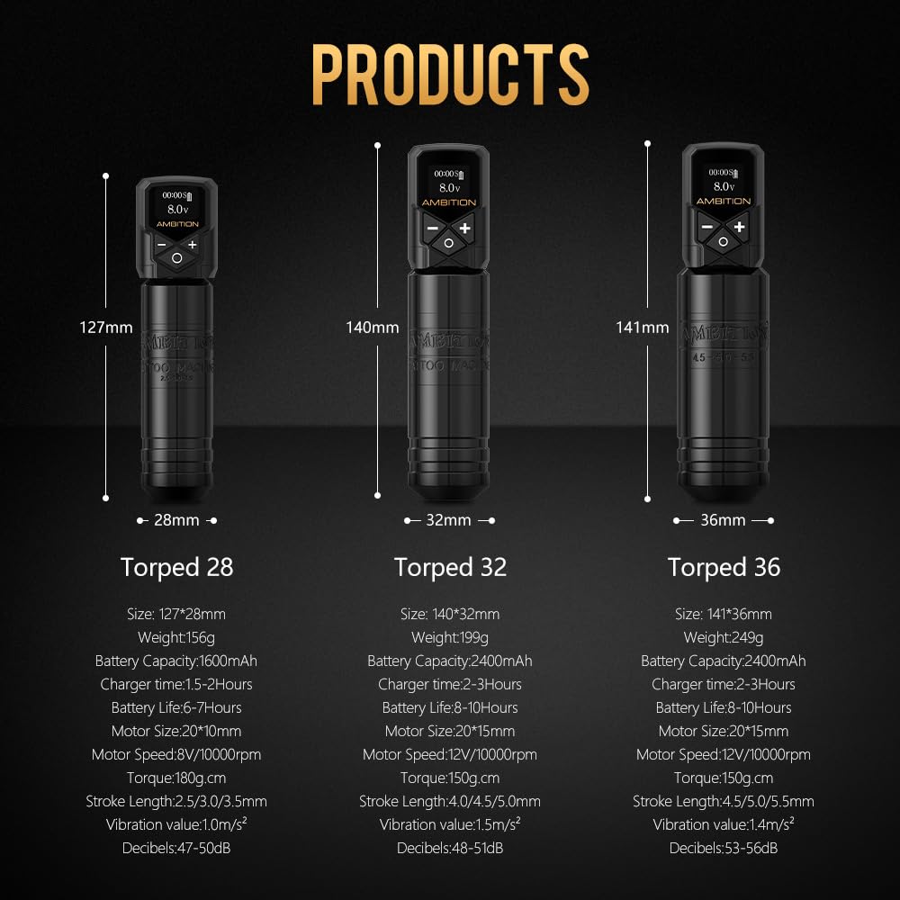 Ambition Torped 36mm Rotary Tattoo Pen Kit | Brushless Motor, 5.5mm Stroke + Wireless Power
