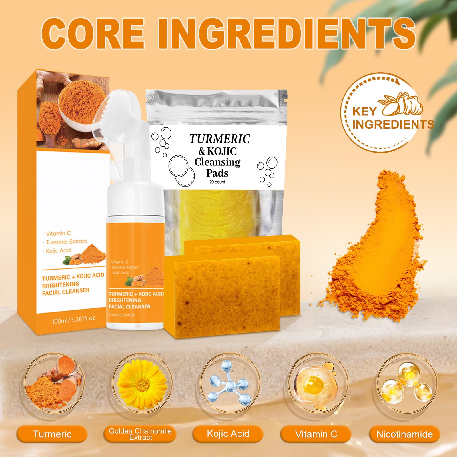 Amdele Turmeric Wash & Care 4-Piece Set | Facial Cleanser, Pads, Soap & Essential Oil