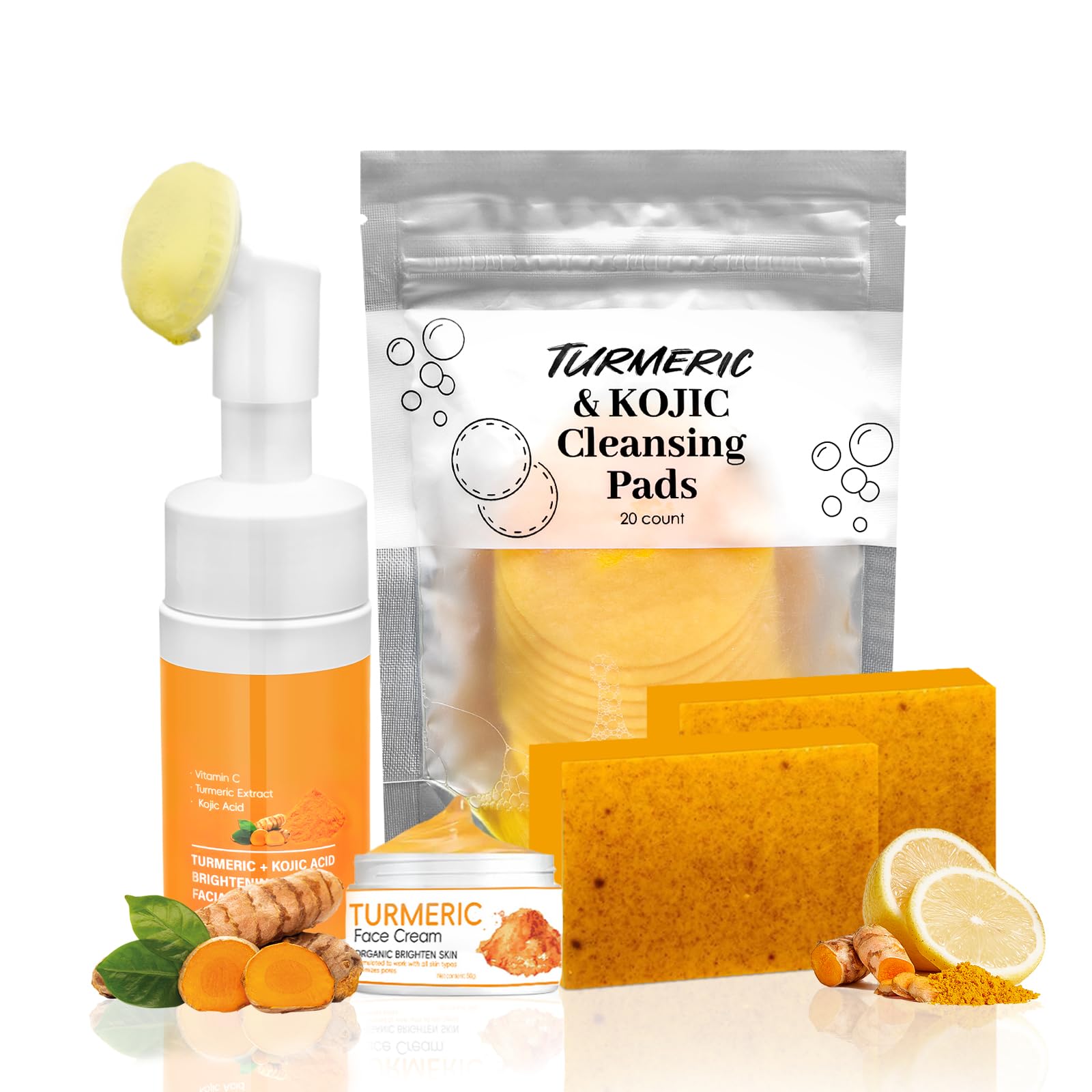 Amdele Turmeric Wash & Care Set – 4-Piece Skincare Bundle with Brush, Pads, Soap Bars & Face Cream
