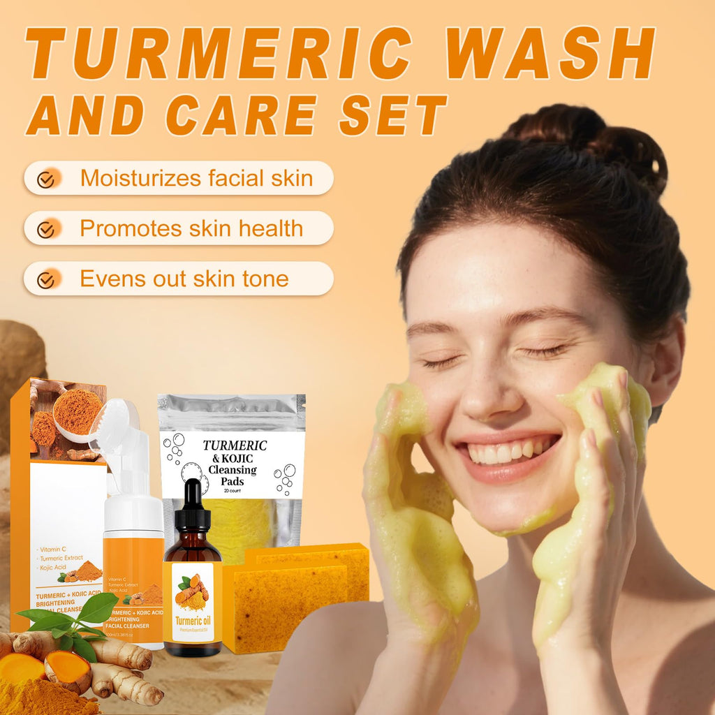 Amdele Turmeric Wash & Care 4-Piece Set | Facial Cleanser, Pads, Soap & Essential Oil