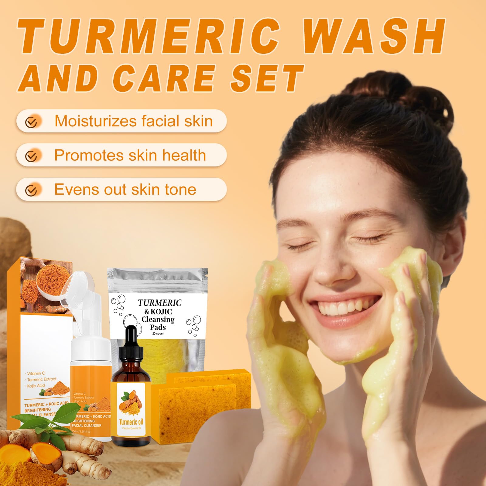 Amdele Turmeric Wash & Care 4-Piece Set | Facial Cleanser, Pads, Soap & Essential Oil