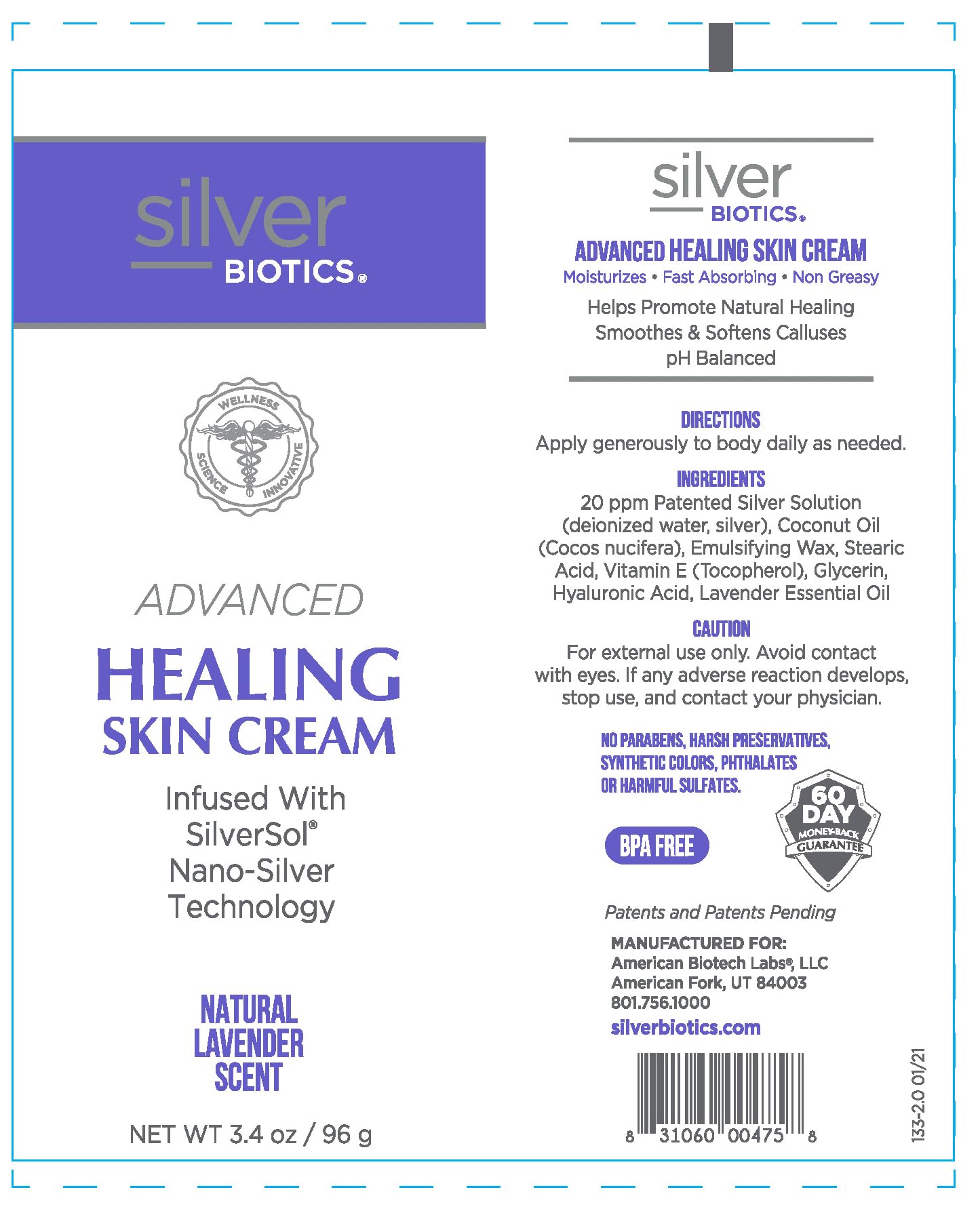 American Biotech Labs Silver Biotics Nano Silver Healing Lotion Cream — Lavender, Hyaluronic Acid (3.4 oz)
