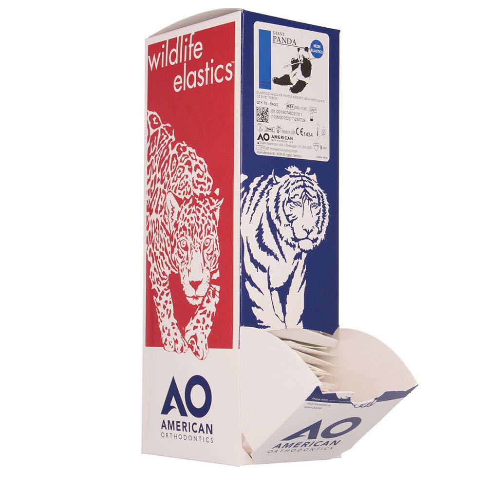 American Orthodontics Elastics Wildlife Panda – Neon Assorted Medium 5/16 inch, 75 Packs/Box, 7,500 Total, USA Made