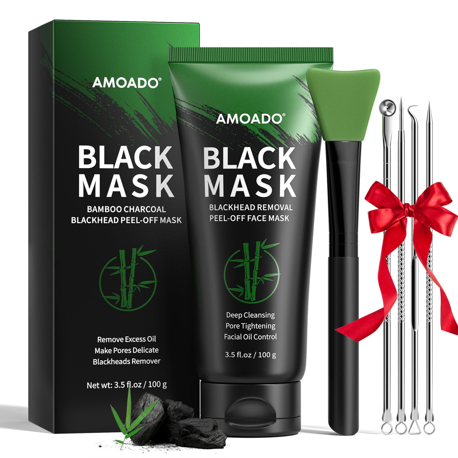 AMOADO Blackhead Remover Mask with Charcoal Peel-Off | 100g Pore Refining Kit + Brush & Extractor