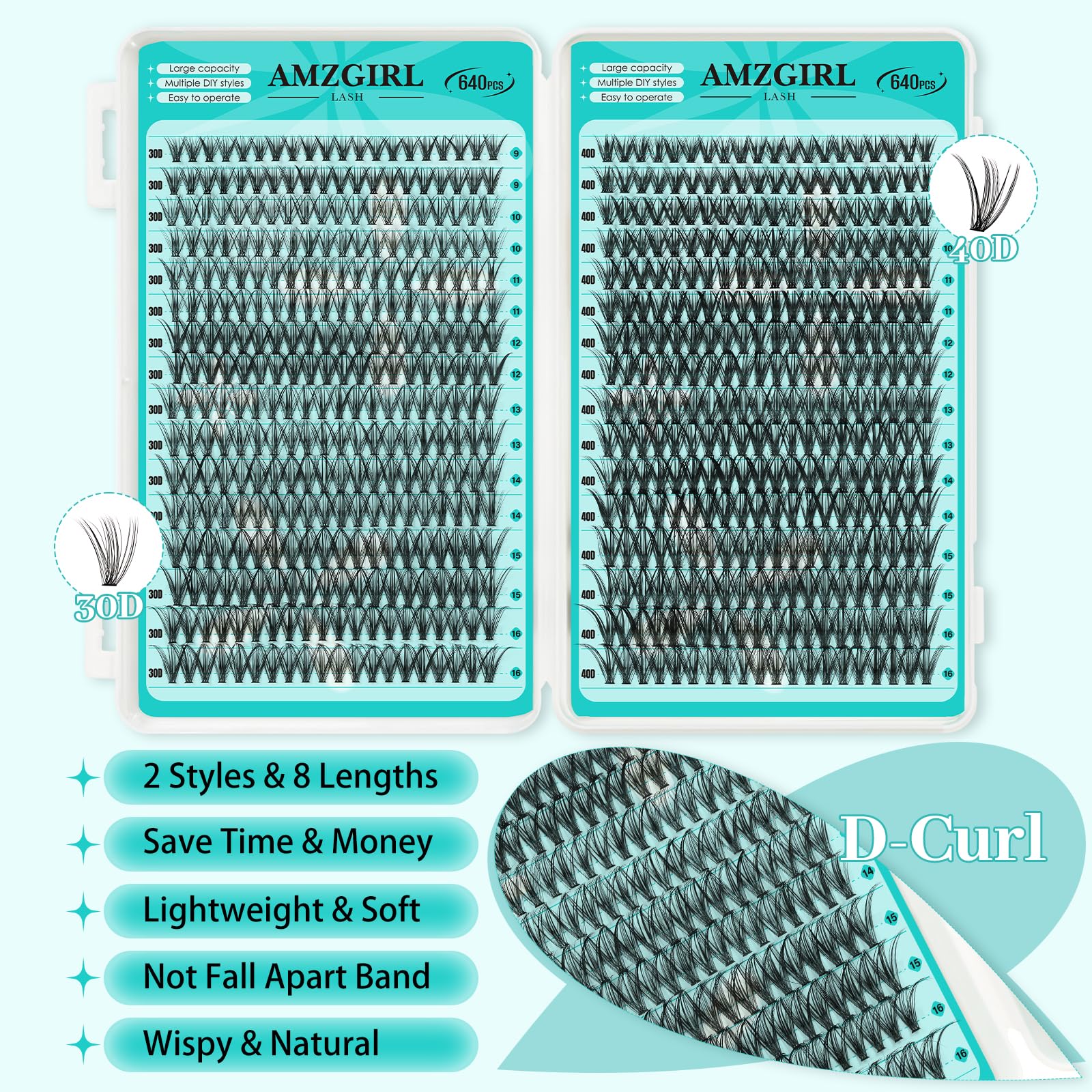 AMZGIRL LASH Lash Clusters Kit — 640Pcs DIY 9-16mm Extensions