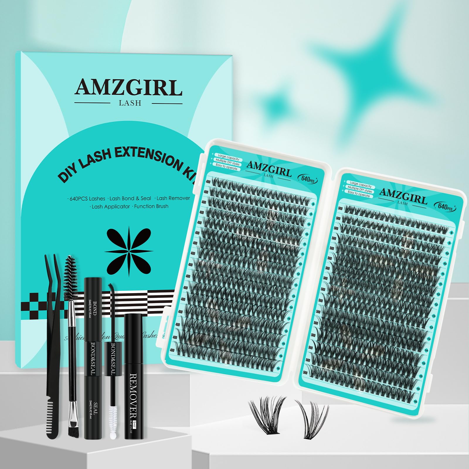 AMZGIRL LASH Lash Clusters Kit 640Pcs | DIY Lash Extensions 40D/50D 9-16mm