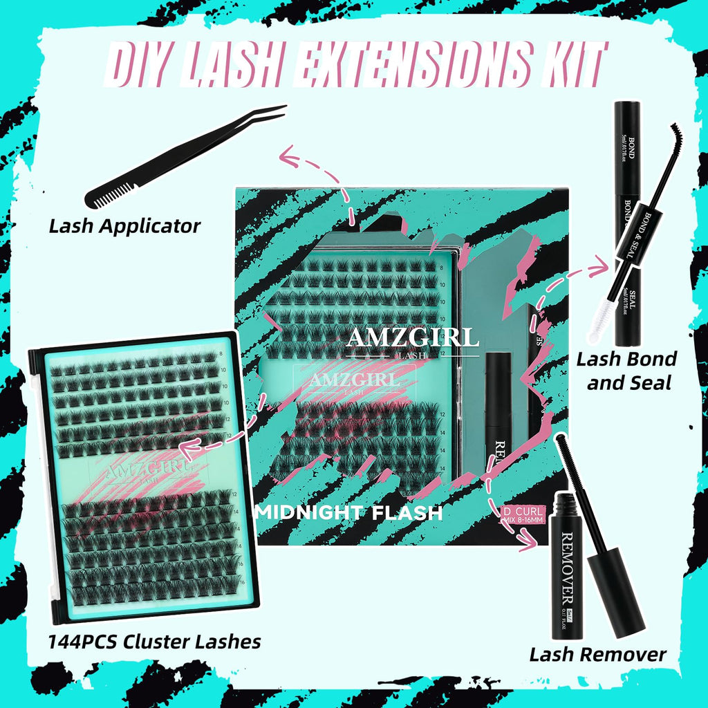 AMZGIRL LASH Lash Clusters Kit 144Pcs Midnight with Bond & Seal