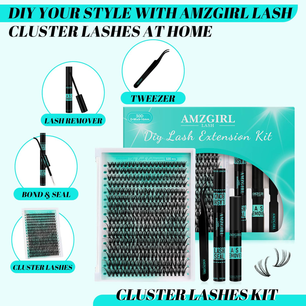 AMZGIRL LASH Lash Clusters Kit 320Pcs – DIY 30D 9-16mm with Bond & Seal