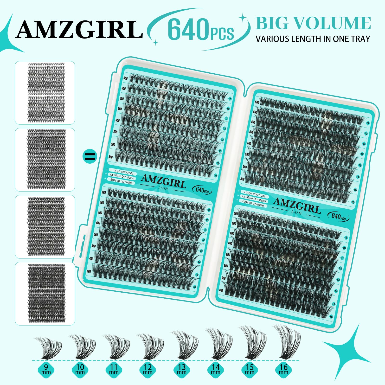 AMZGIRL LASH Lash Clusters Kit 640Pcs – DIY Eyelash Extensions with 9-16mm Mix, Bond & Seal, Remover, Applicator & Brush