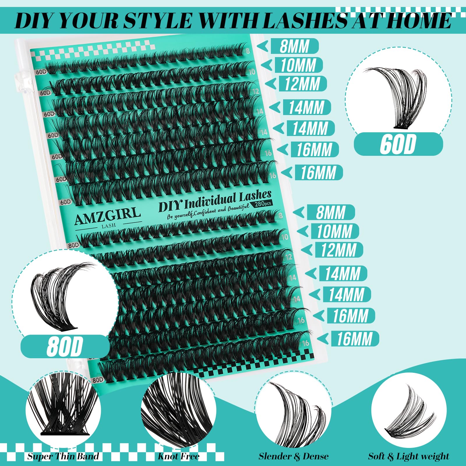 AMZGIRL LASH Lash Extension Kit 280Pcs – 60D/80D Mixed Lashes, Bond & Seal, Remover, DIY Home Kit
