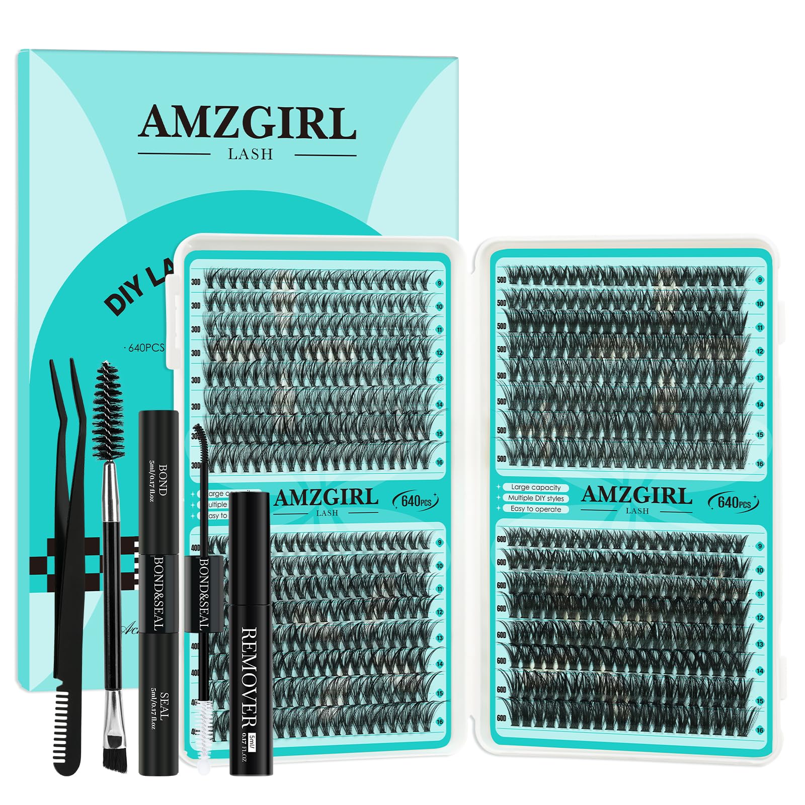 AMZGIRL LASH Lash Clusters Kit 640Pcs – DIY Eyelash Extensions with 9-16mm Mix, Bond & Seal, Remover, Applicator & Brush