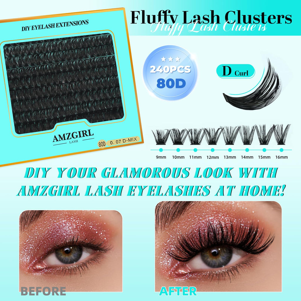 AMZGIRL LASH | 240 Pcs Lash Clusters for DIY Home Eyelash Extensions – 9-16mm D-Curl Mix
