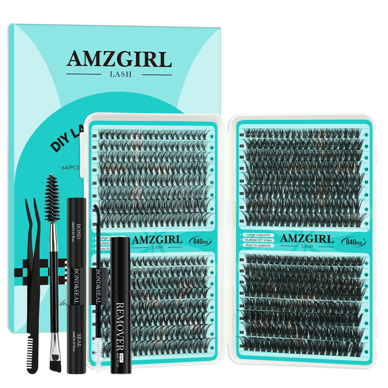 AMZGIRL LASH Lash Clusters Kit 640Pcs – DIY Extensions with Bond, Seal, Remover, Tools (30D–80D)