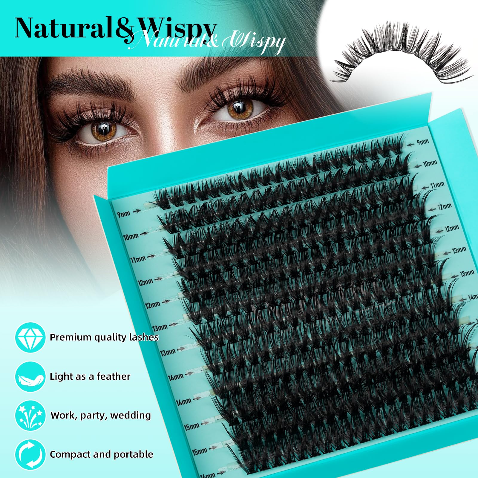 AMZGIRL LASH Lash Clusters 240pcs – DIY Eyelash Extensions, 9-16mm D-Curl, Wispy False Lashes