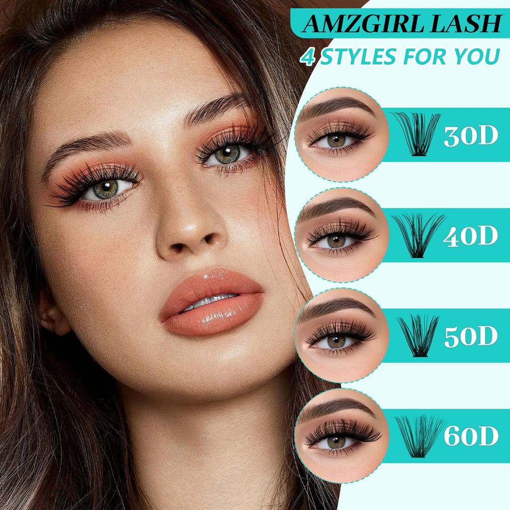 AMZGIRL LASH Lash Clusters Kit 640Pcs – DIY Eyelash Extensions with 9-16mm Mix, Bond & Seal, Remover, Applicator & Brush