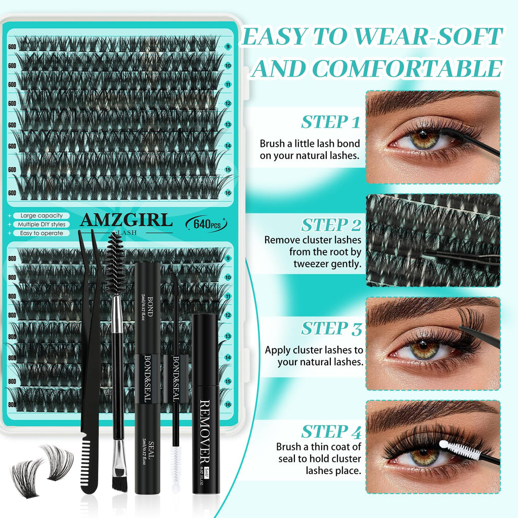 AMZGIRL LASH Lash Clusters Kit 640Pcs – DIY Extensions with Bond, Seal, Remover, Tools (30D–80D)