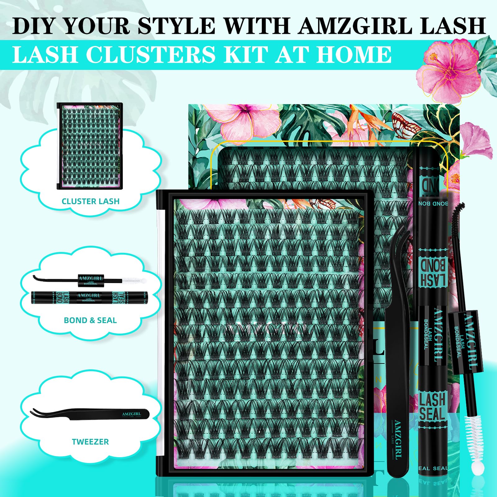 AMZGIRL LASH Lash Clusters Kit 168pcs – Natural Look with Bond & Seal, Waterproof, Ultra-Thin Band (Hollyhock Kit, D-10-18mm)