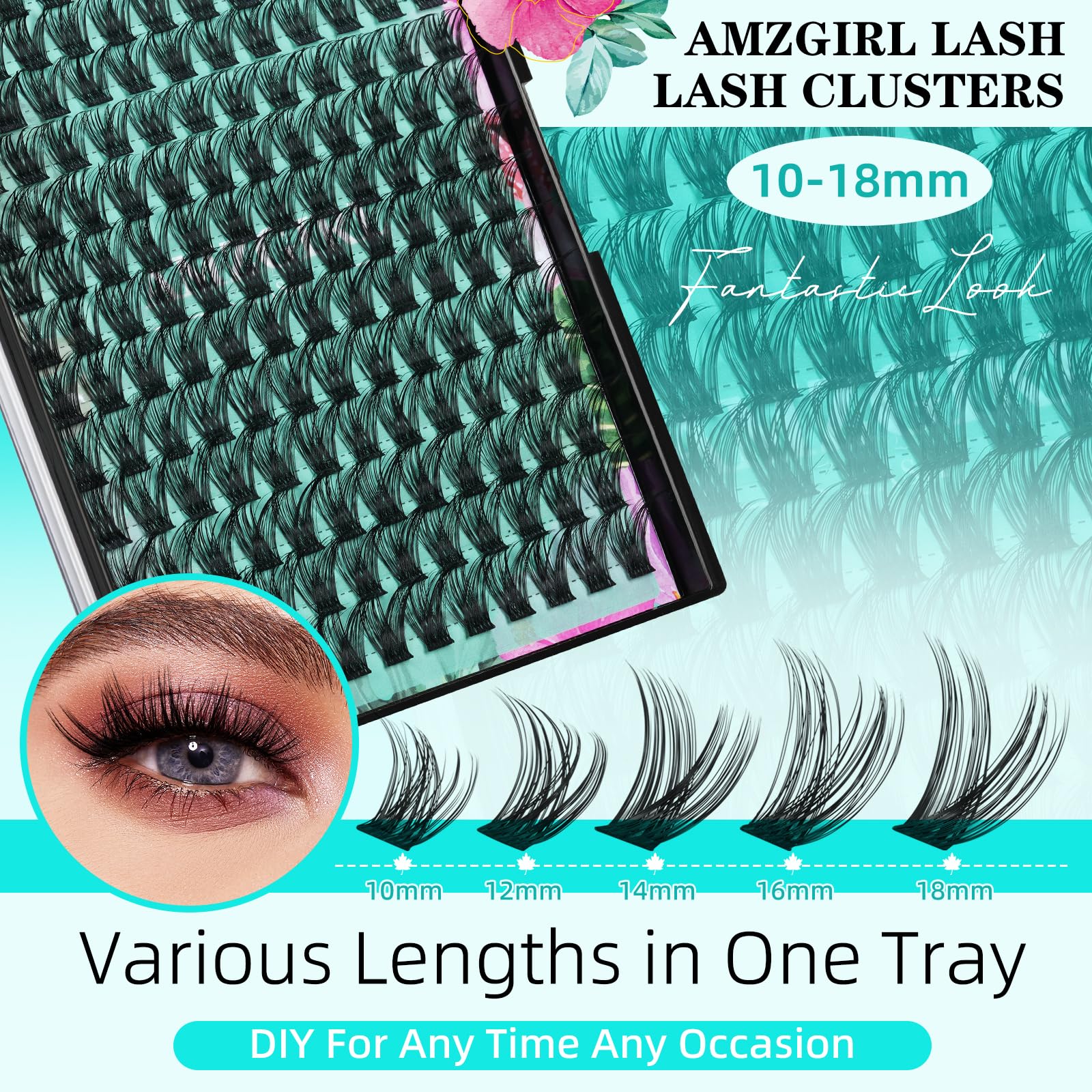 AMZGIRL LASH Lash Clusters Kit 168pcs – Natural Look with Bond & Seal, Waterproof, Ultra-Thin Band (Hollyhock Kit, D-10-18mm)