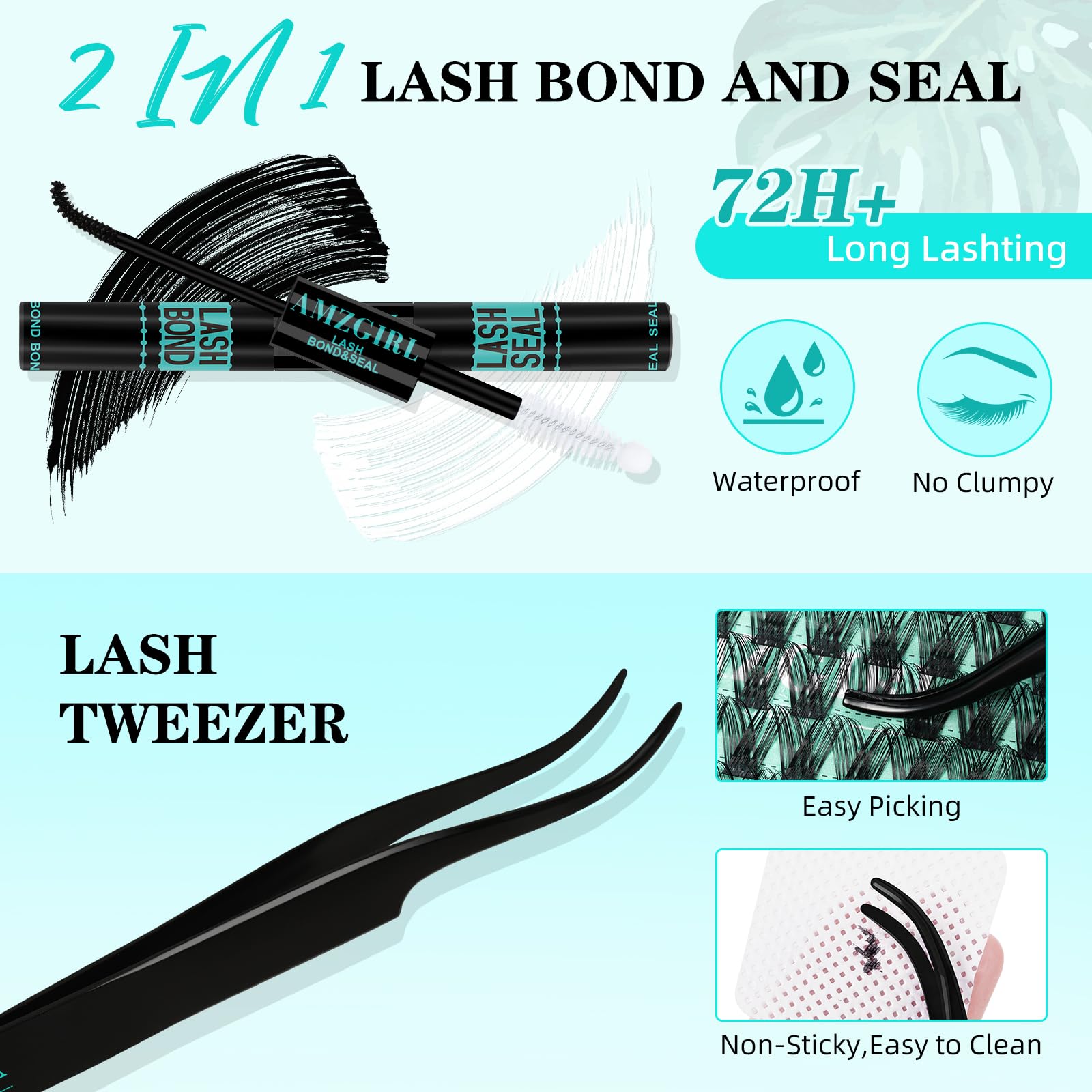 AMZGIRL LASH Lash Clusters Kit 168pcs – Natural Look with Bond & Seal, Waterproof, Ultra-Thin Band (Hollyhock Kit, D-10-18mm)
