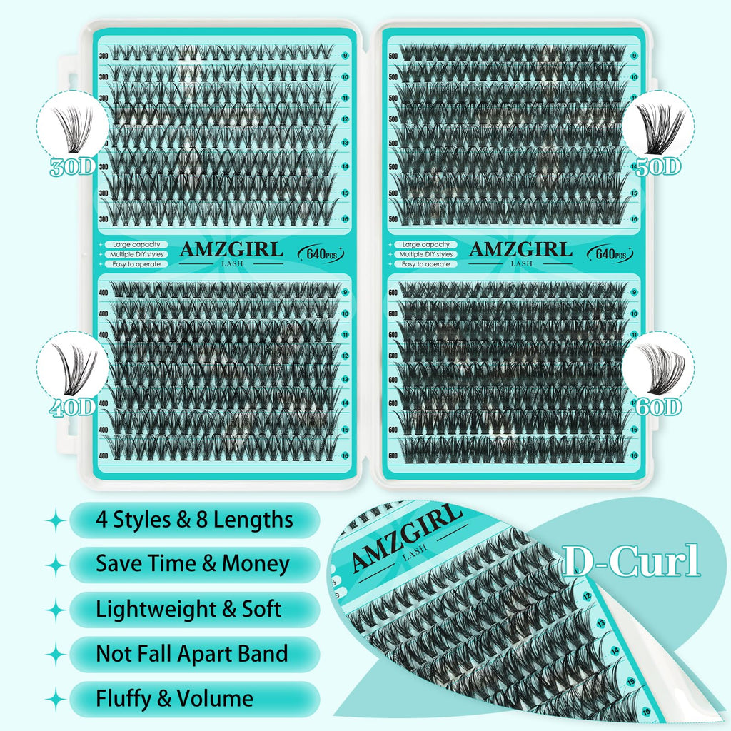 AMZGIRL LASH Lash Clusters Kit 640Pcs – DIY Eyelash Extensions with 9-16mm Mix, Bond & Seal, Remover, Applicator & Brush