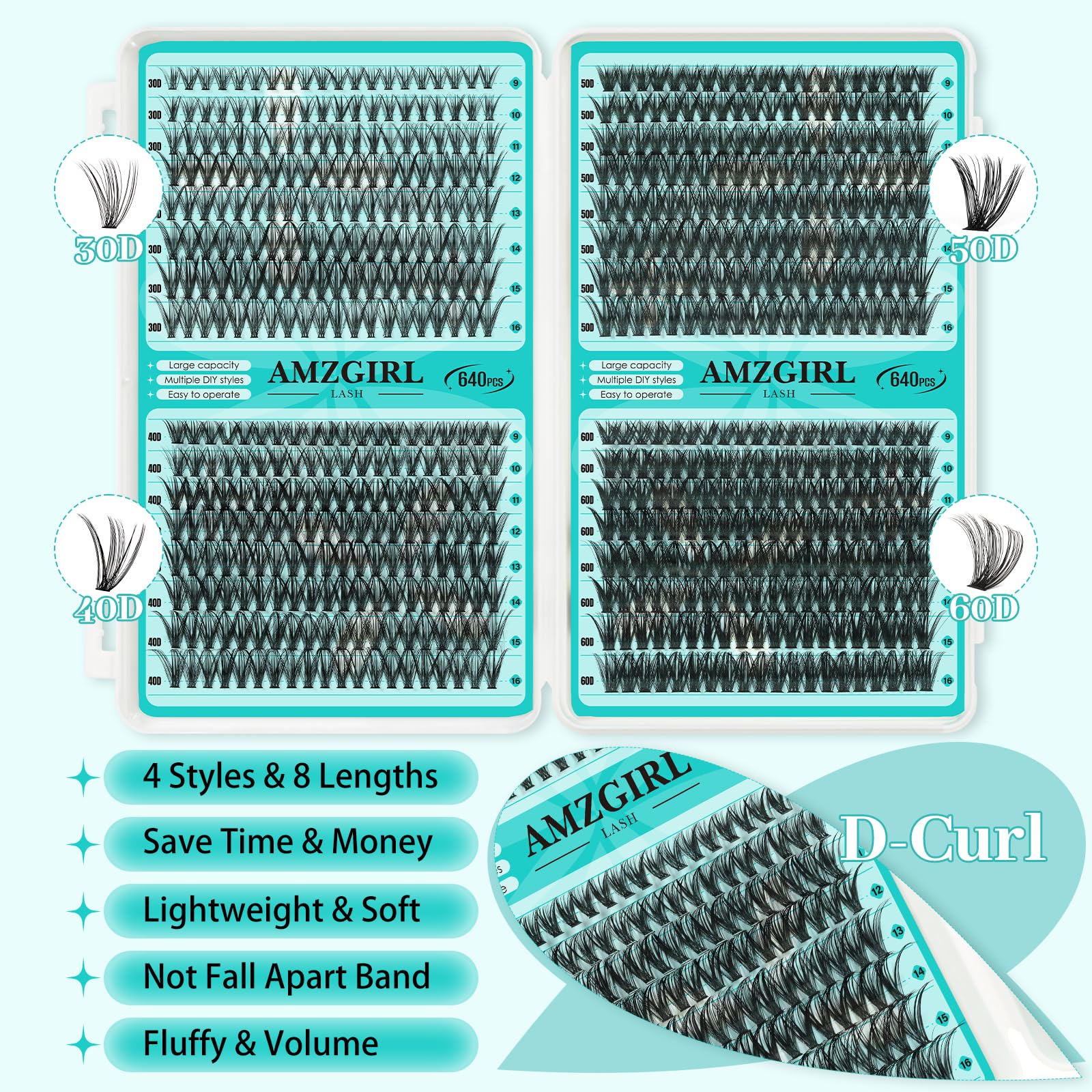 AMZGIRL LASH Lash Clusters Kit 640Pcs – DIY Eyelash Extensions with 9-16mm Mix, Bond & Seal, Remover, Applicator & Brush