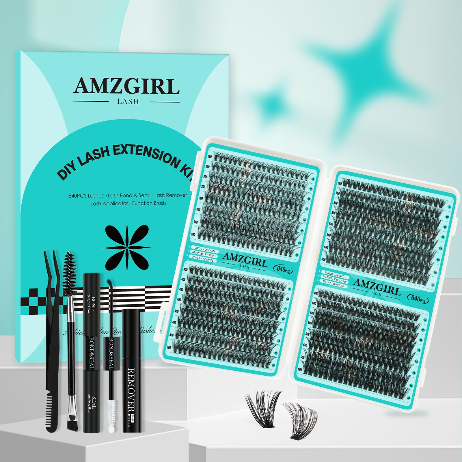 AMZGIRL LASH Lash Clusters Kit 640Pcs – DIY Eyelash Extensions with 9-16mm Mix, Bond & Seal, Remover, Applicator & Brush
