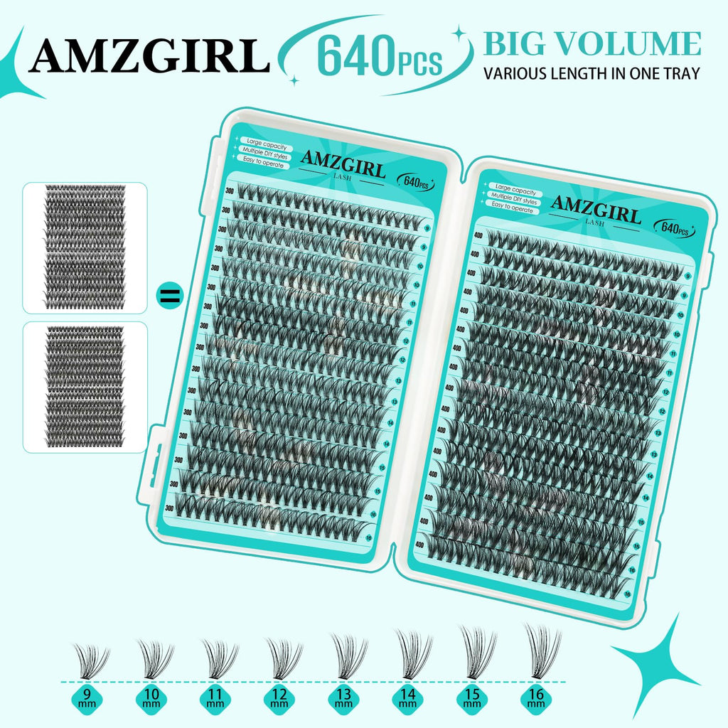 AMZGIRL LASH Lash Clusters Kit — 640Pcs DIY 9-16mm Extensions