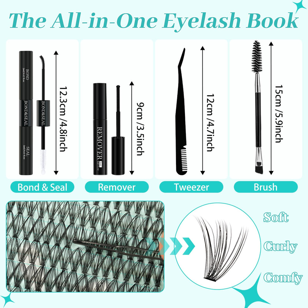 AMZGIRL LASH Lash Clusters Kit 640Pcs – DIY Eyelash Extensions with 9-16mm Mix, Bond & Seal, Remover, Applicator & Brush