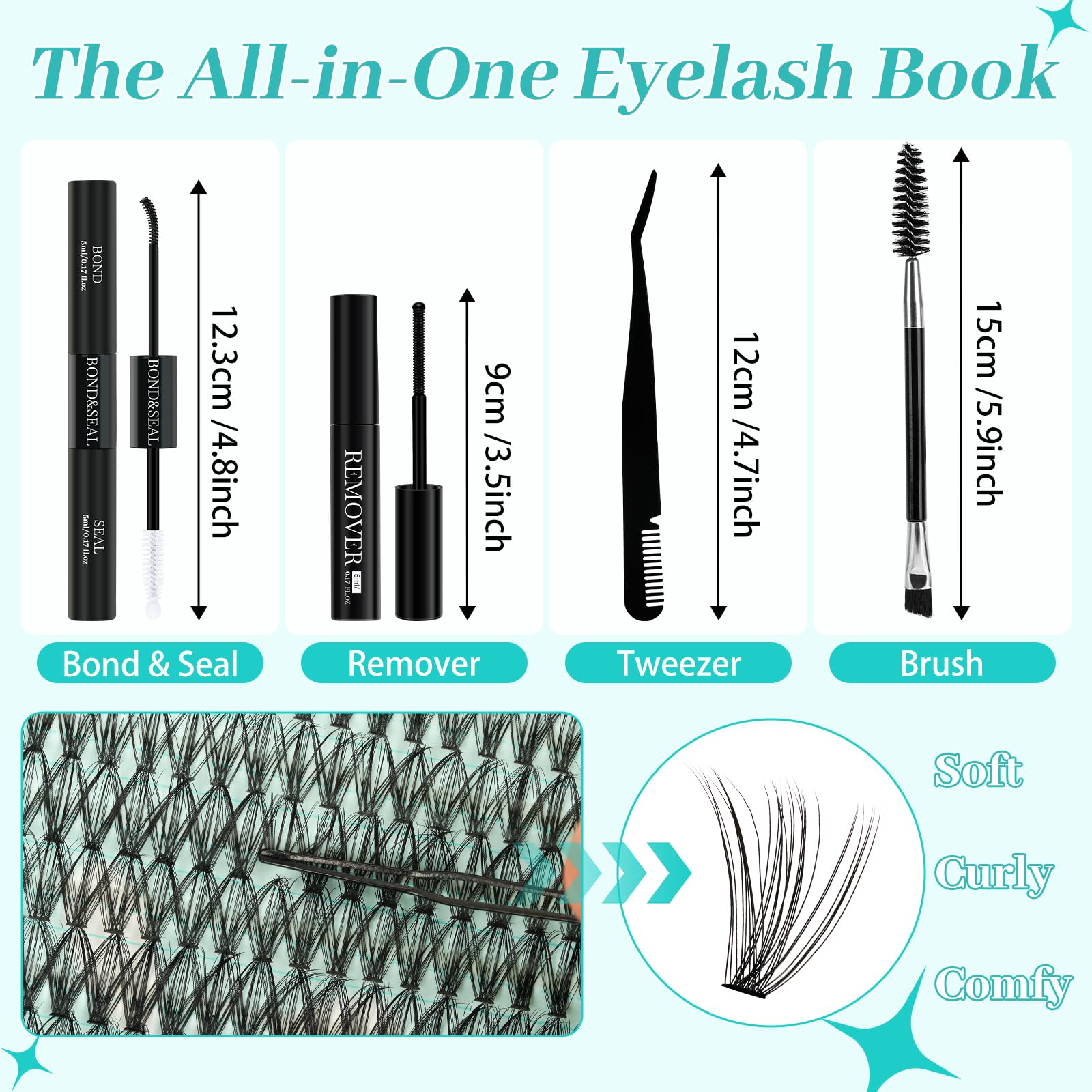 AMZGIRL LASH Lash Clusters Kit 640Pcs – DIY Eyelash Extensions with 9-16mm Mix, Bond & Seal, Remover, Applicator & Brush