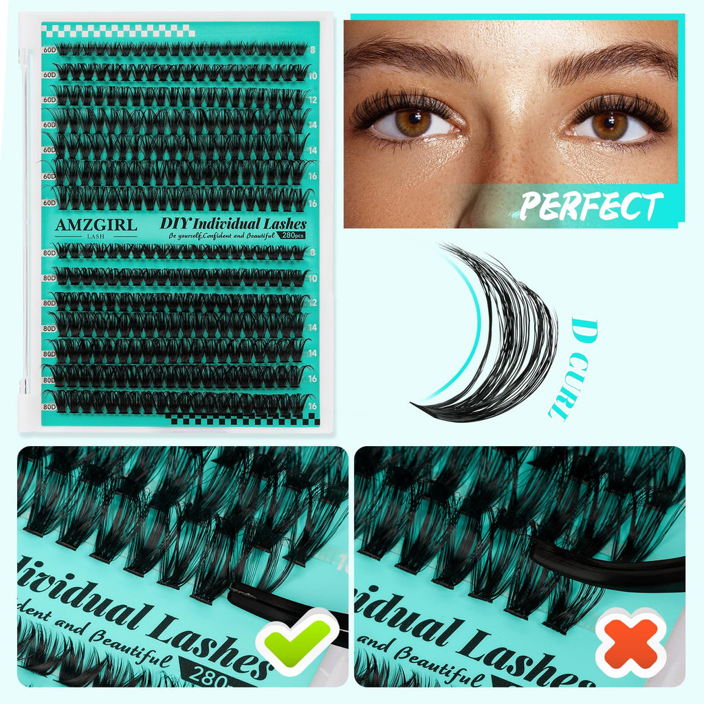 AMZGIRL LASH Lash Extension Kit 280Pcs – 60D/80D Mixed Lashes, Bond & Seal, Remover, DIY Home Kit