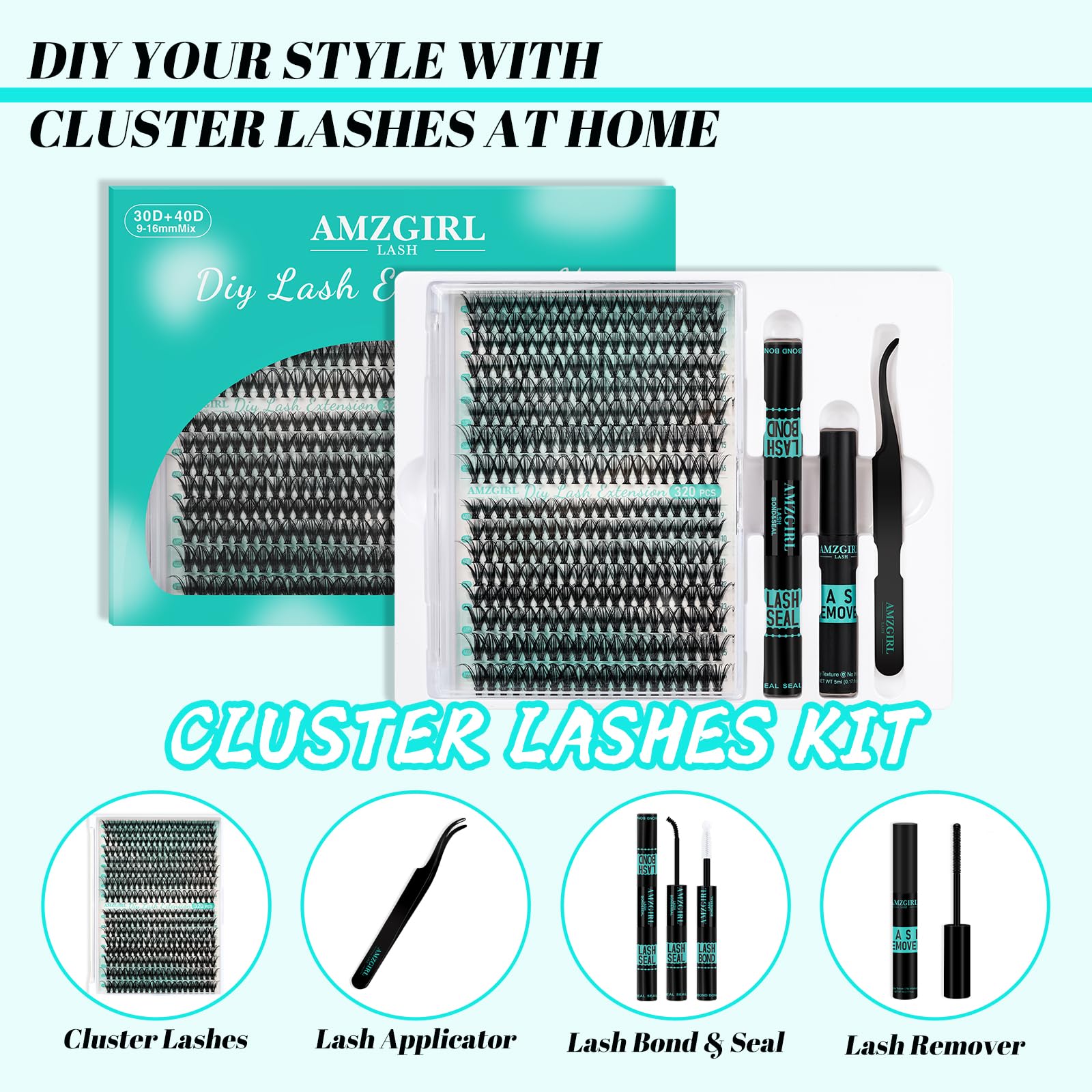 AMZGIRL LASH Lash Clusters Kit 320pcs — 9-16mm D Curl, Bond & Seal, Remover & Applicator