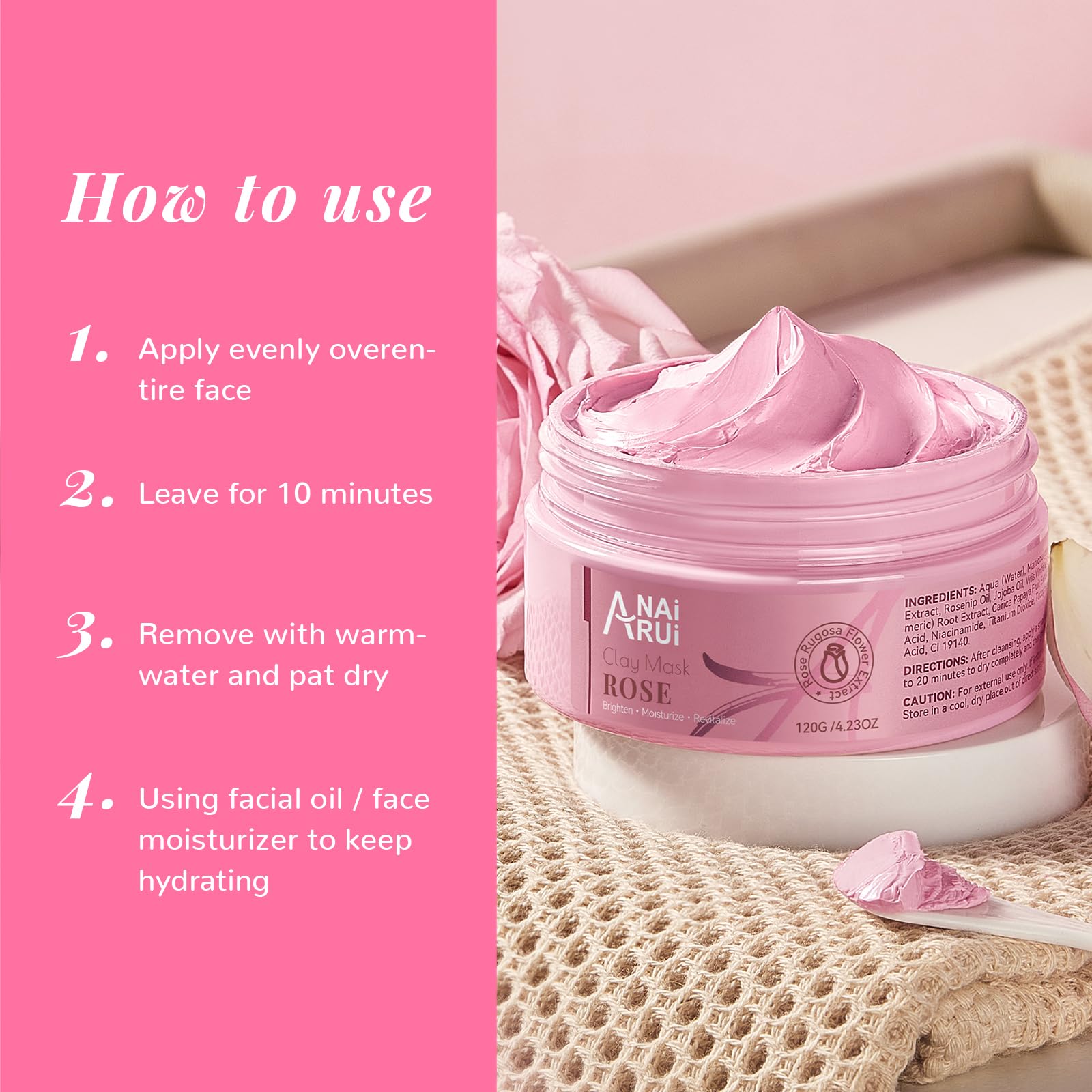 ANAI RUI Rose Facial Mask – Pink Kaolin Clay, Niacinamide & Hyaluronic Acid