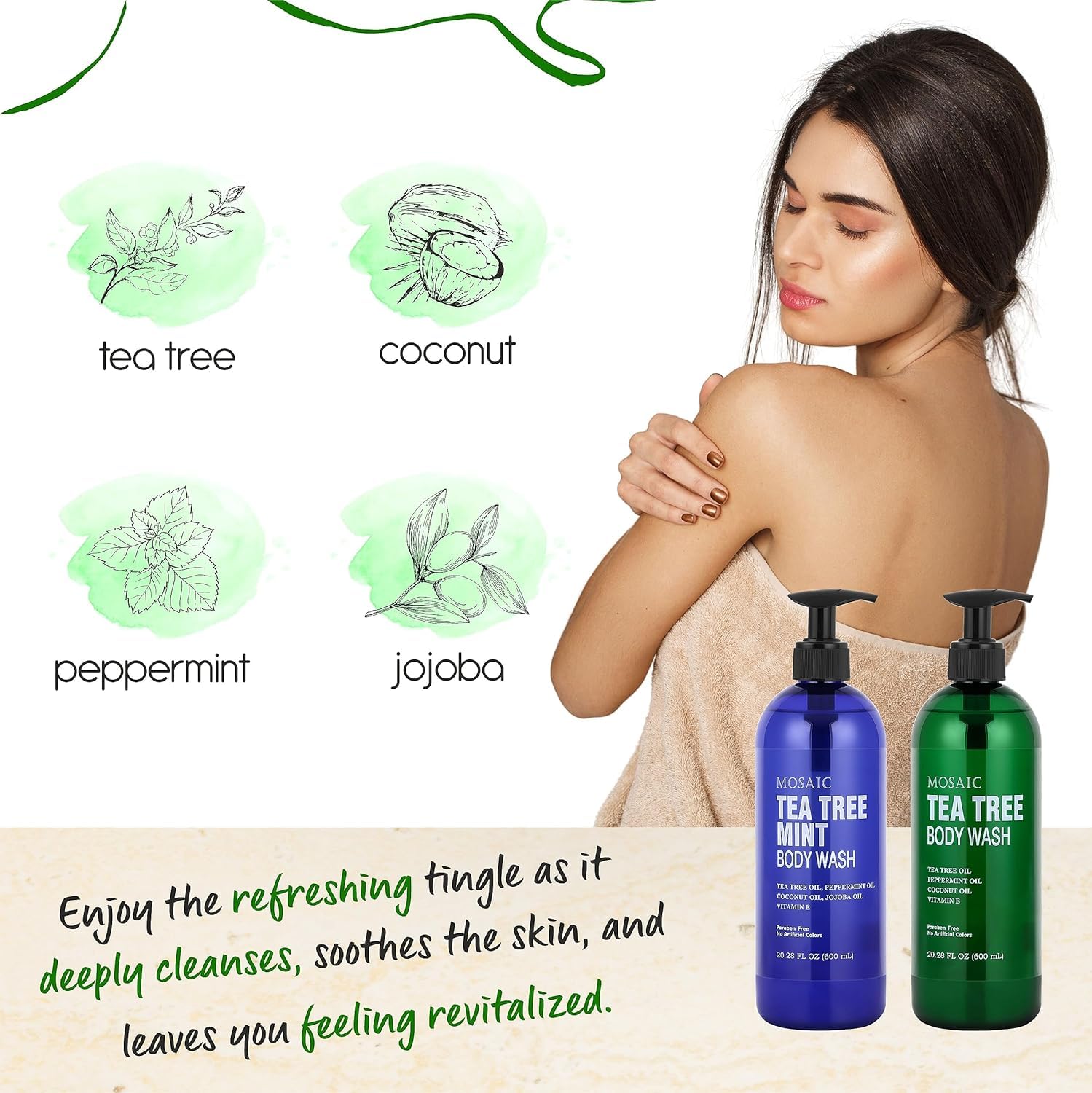 AnatoliaDaphne Tea Tree Body Wash with Mint & Vitamin E – Large 20.2 fl oz Bottles (Pack of 3) – Natural Oils for All Skin Types