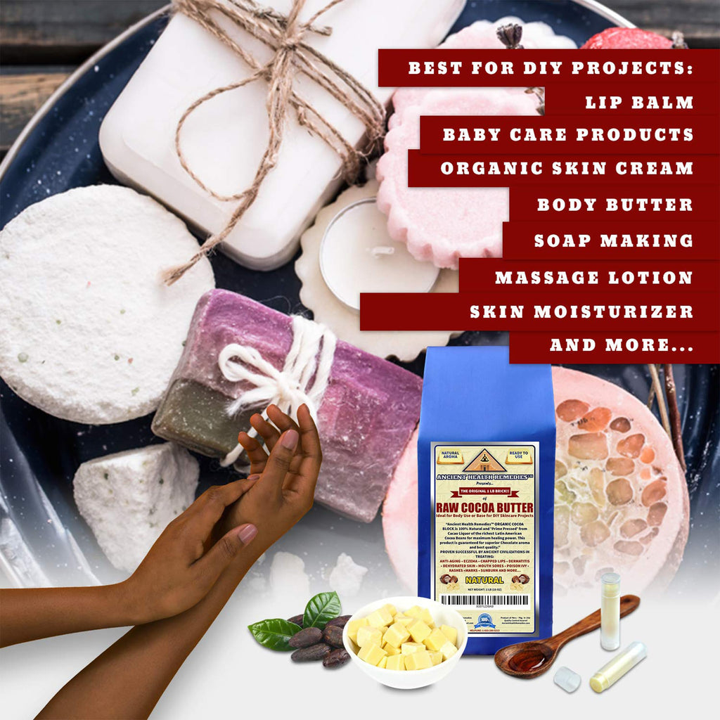 ANCIENT HEALTH REMEDIES Organic Cocoa Butter Block 16oz – Raw Unrefined Cocoa for DIY Lip Balms & Body Butters